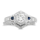 Hexagon Halo Diamond and Sapphire Ring in 14KT White Gold ( 0.42ct dtw / 0.81ct SAP )