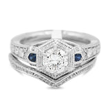 Hexagon Halo Diamond and Sapphire Ring in 14KT White Gold ( 0.42ct dtw / 0.81ct SAP )