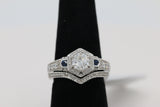 Hexagon Halo Diamond and Sapphire Ring in 14KT White Gold ( 0.42ct dtw / 0.81ct SAP )