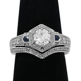Hexagon Halo Diamond and Sapphire Ring in 14KT White Gold ( 0.42ct dtw / 0.81ct SAP )