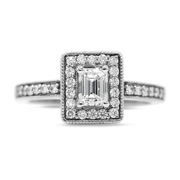 Emerald Cut Diamond Ring with Halo in 14KT White Gold ( 1ct tw dia )