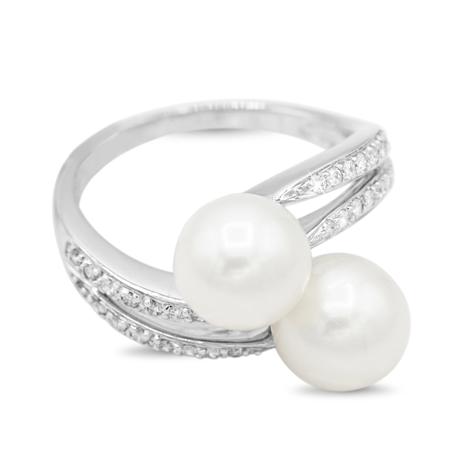 Pearl and Diamond Bypass Ring in 14KT White Gold Bakers Jewelry