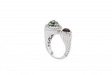 Italian Sterling Silver ring with a green onyx and 0.33ct. brown and white diamonds surrounded by solid 14K yellow gold accent