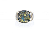 Italian sterling silver ring with 1.45ct a mix of yellow, green and blue diamonds and 14K solid yellow gold accent