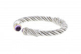 Limited Edition Italian sterling silver bangle bracelet with amethysts, 0.14ct. diamonds and solid 14K yellow gold accents