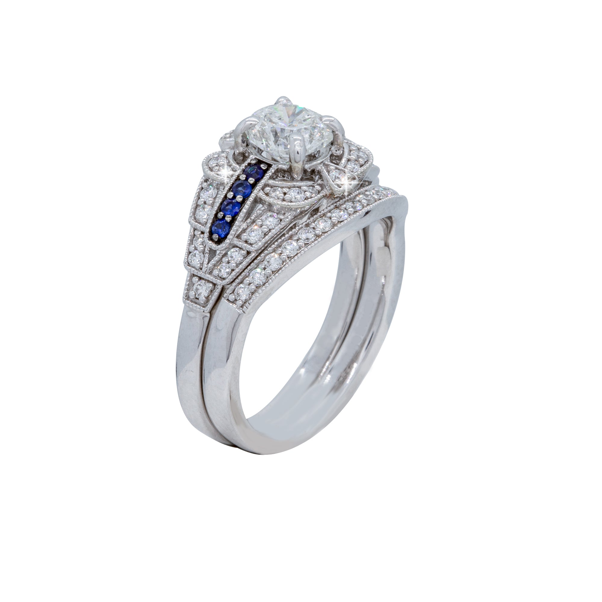 Octagonal Diamond and Sapphire Wedding Set