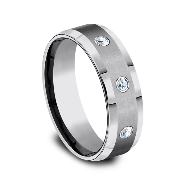 Tungsten 7mm Comfort-Fit Design Diamond Wedding Band