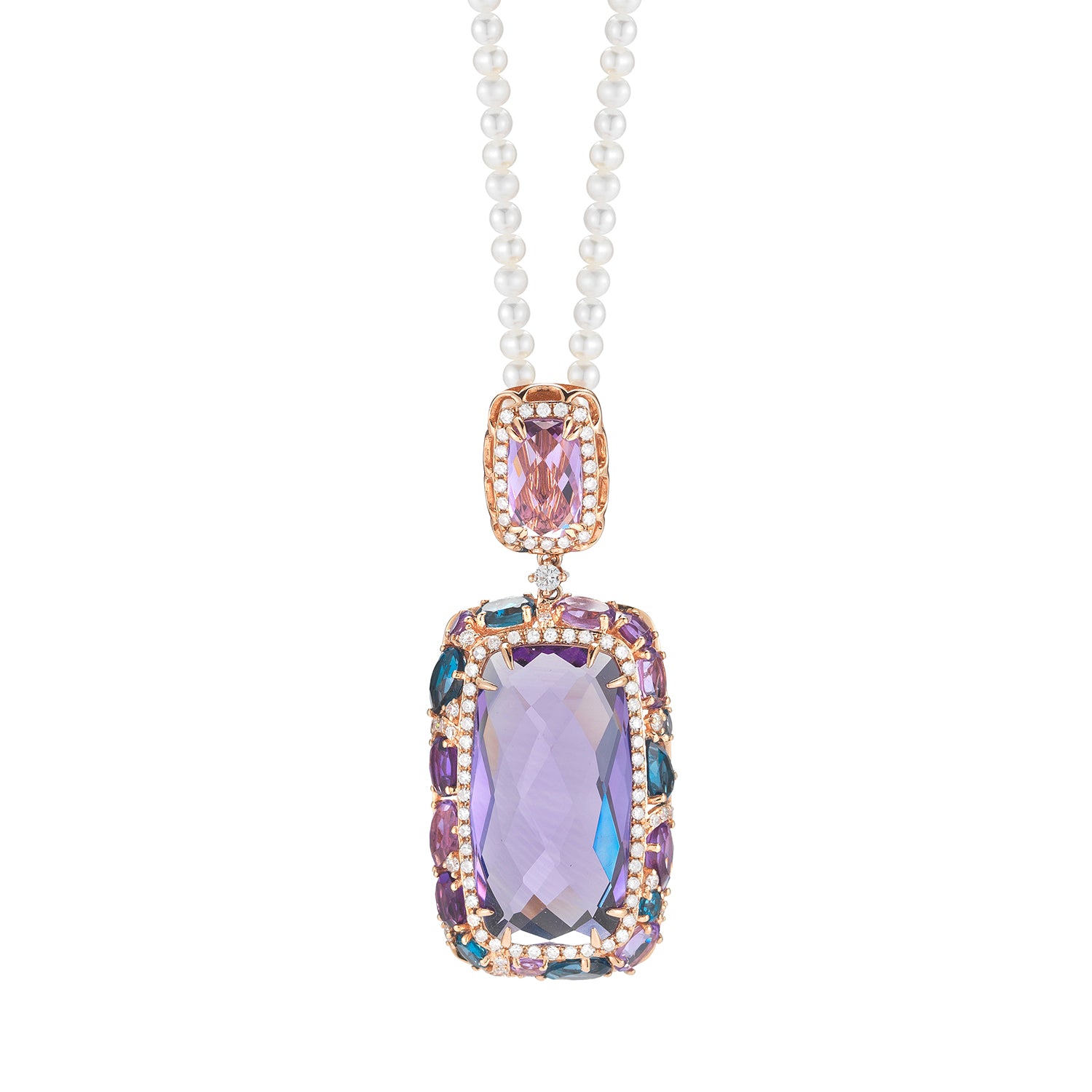 Diamond weight- .64  Blue Topaz weight- 3.45  Amethyst- 22 carats (w/o chain)