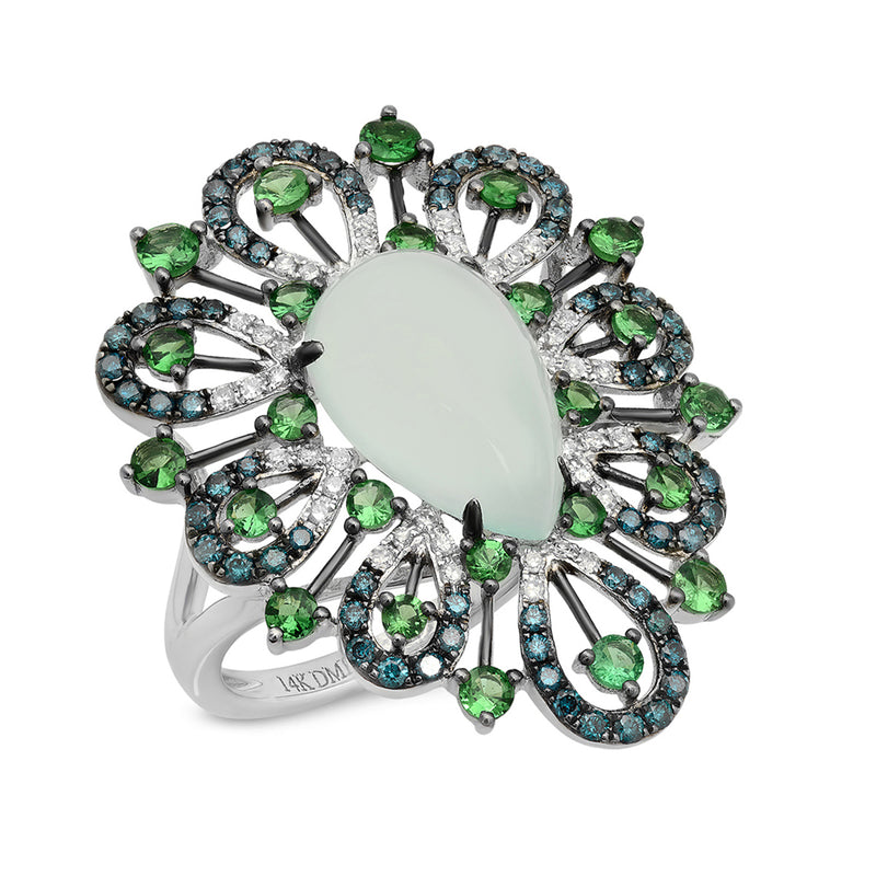 Diamond weight- .18  Tsavorite Garnet weight- 1.22  Treated Blue Diamond weight- .46  Chalcedony weight- 5.12