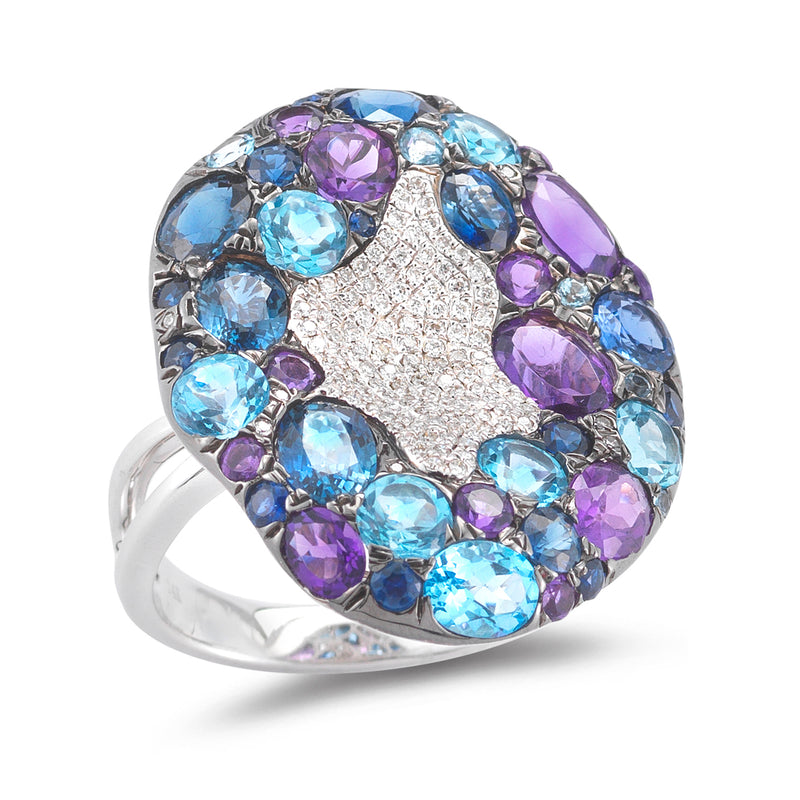 Puddle Ring Diamond weight- .29  Sapphire weight- 4.52  Blue Topaz weight- 2.62  Amethyst weight- .52