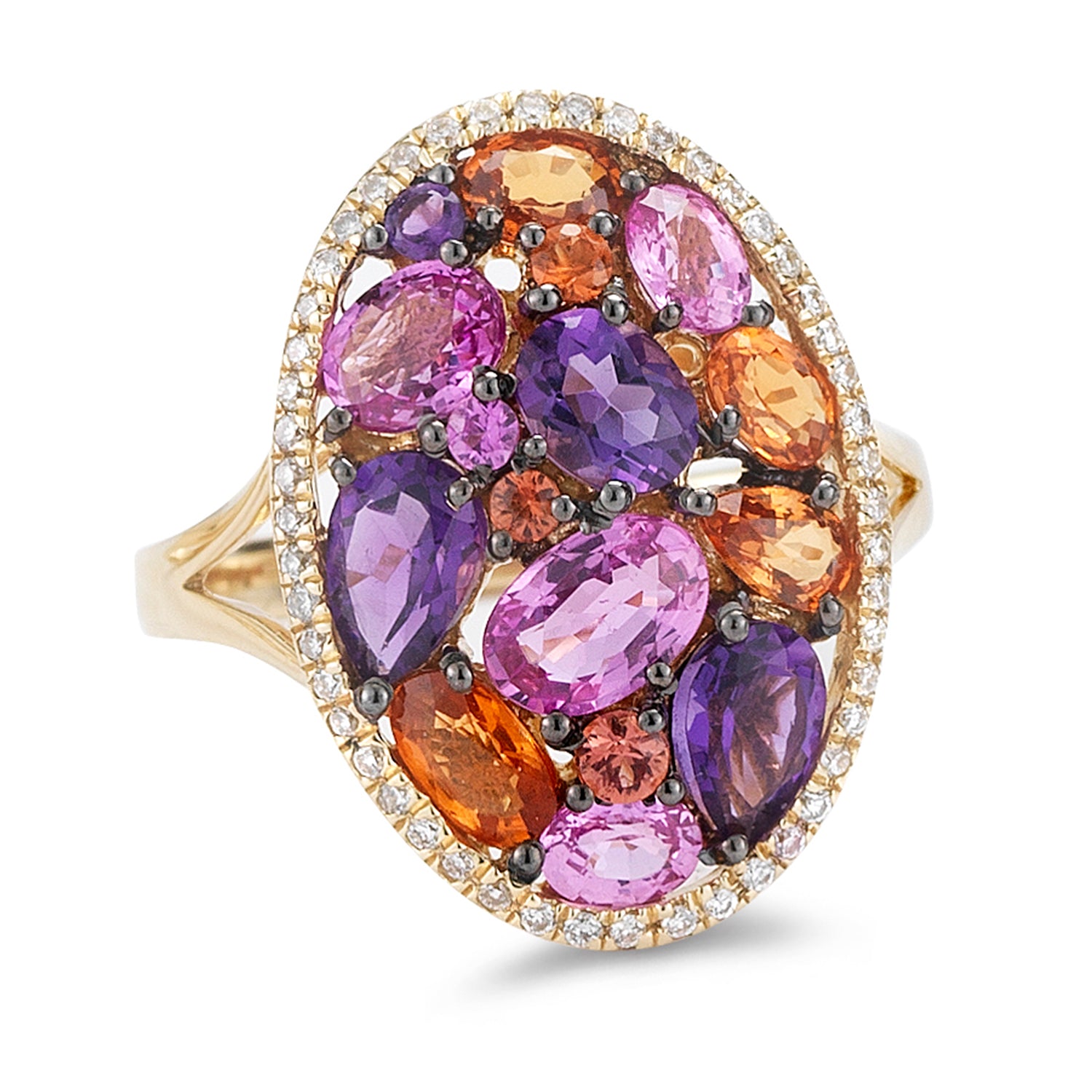 Diamond weight- .20  Pink Sapphire weight- 1.46  Orange Sapphire weight- 1.30  Amethyst weight- 1.10