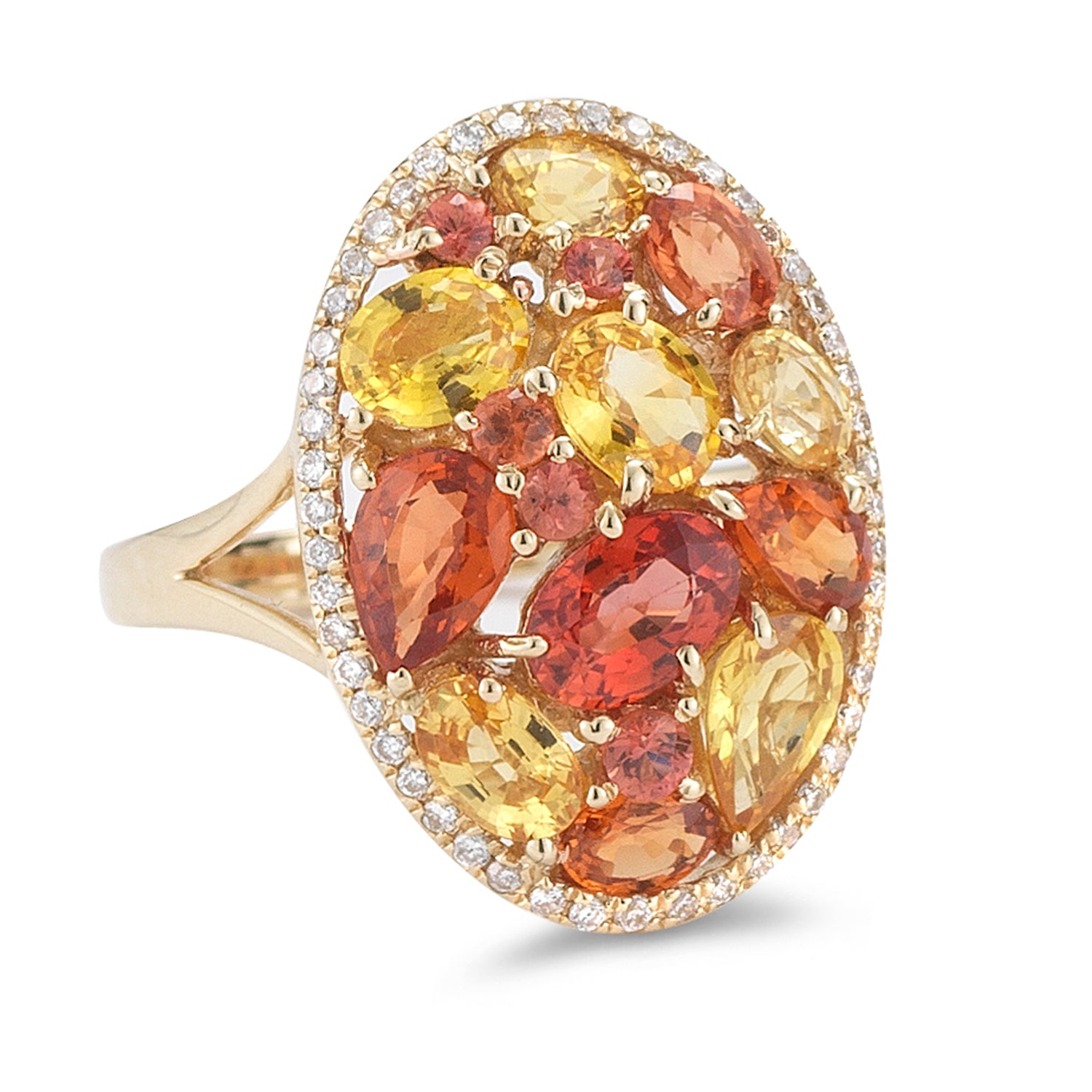 Citrus Grove Ring Diamond weight- .20  Yellow Sapphire weight- 2.00  Orange Sapphire weight- 1.92