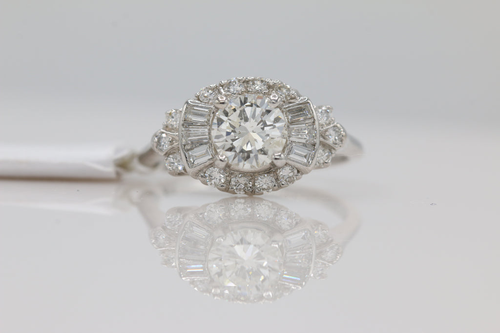 Vintage Inspired Diamond Ring with Baguette Accents in 14KT White Gold ( 0.97 center dia )