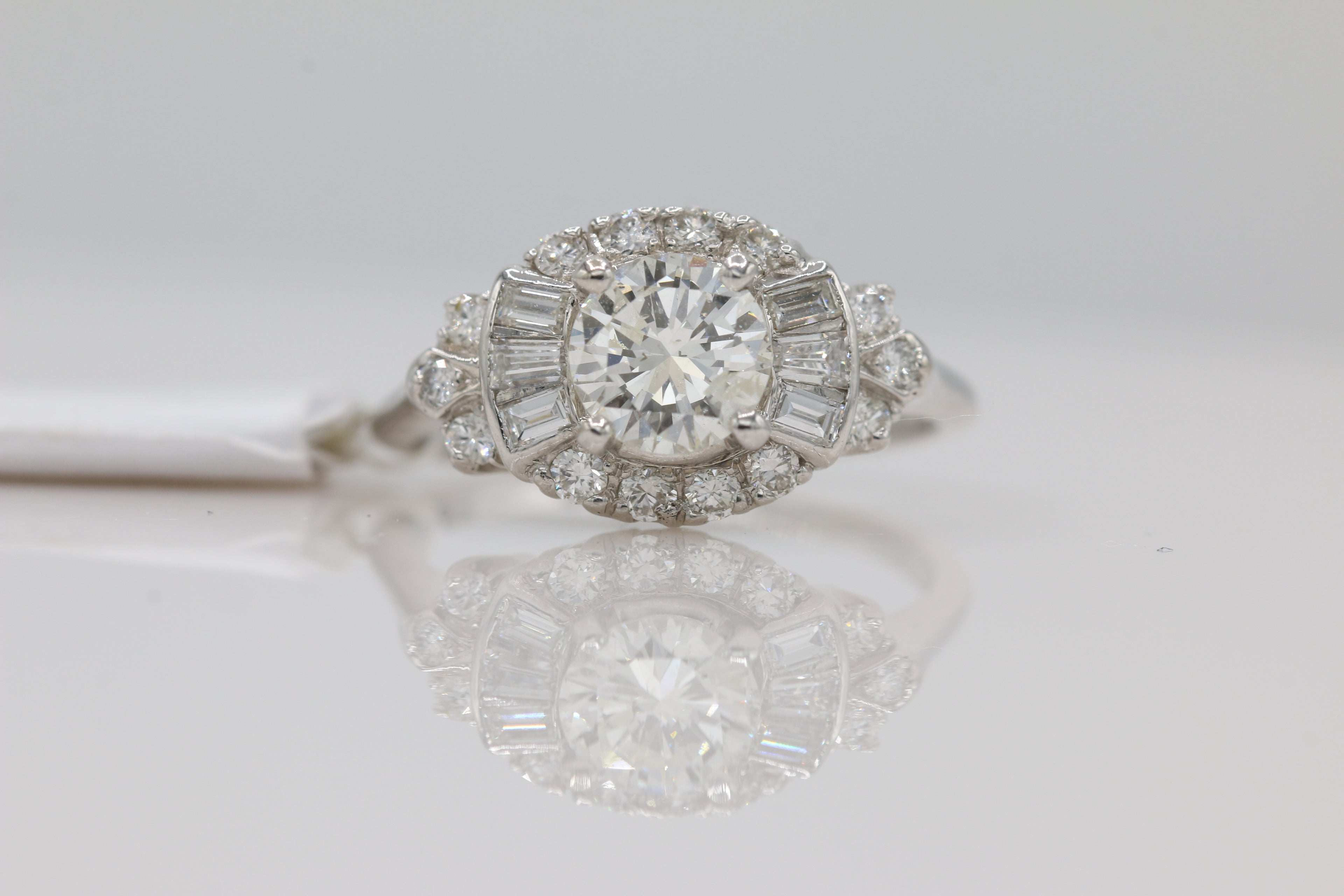 Vintage Inspired Diamond Ring with Baguette Accents in 14KT White Gold ( 0.97 center dia )