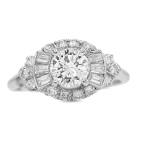 Vintage Inspired Diamond Ring with Baguette Accents in 14KT White Gold ( 0.97 center dia )