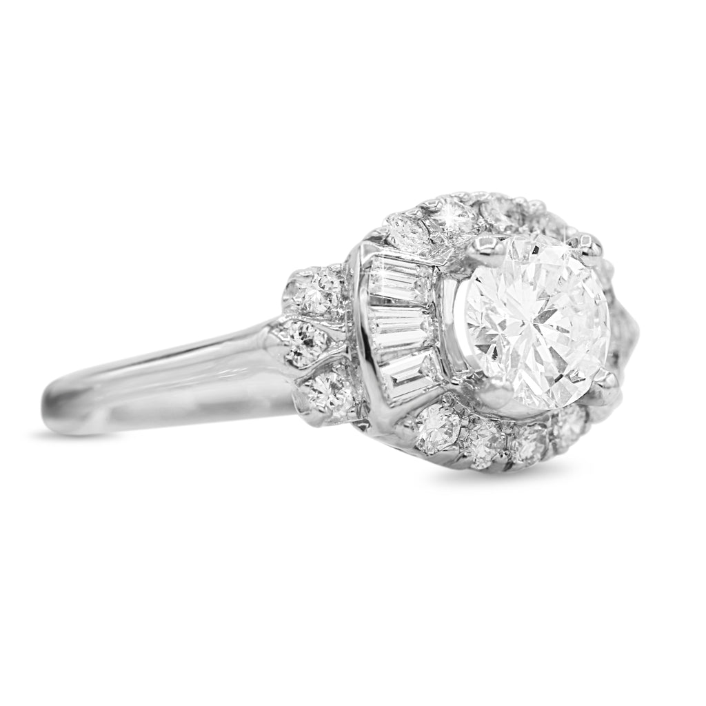 Vintage Inspired Diamond Ring with Baguette Accents in 14KT White Gold ( 0.97 center dia )