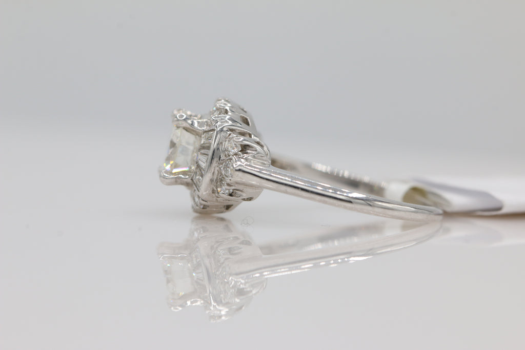 Vintage Inspired Diamond Ring with Baguette Accents in 14KT White Gold ( 0.97 center dia )
