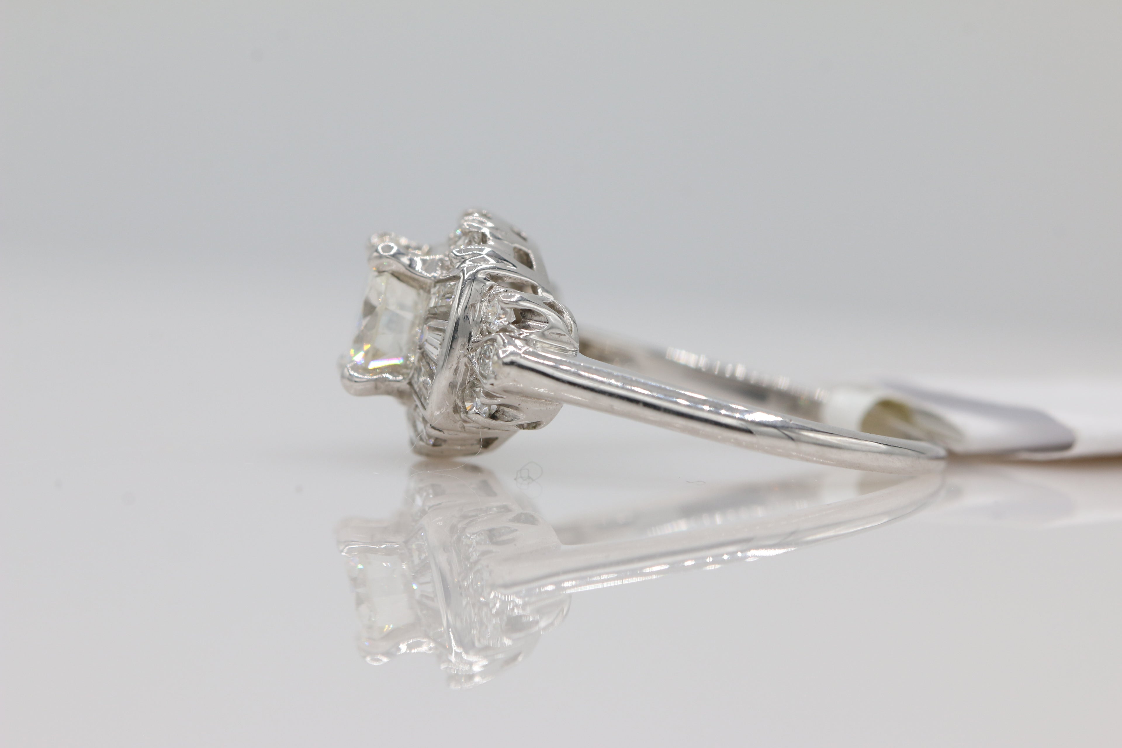 Vintage Inspired Diamond Ring with Baguette Accents in 14KT White Gold ( 0.97 center dia )