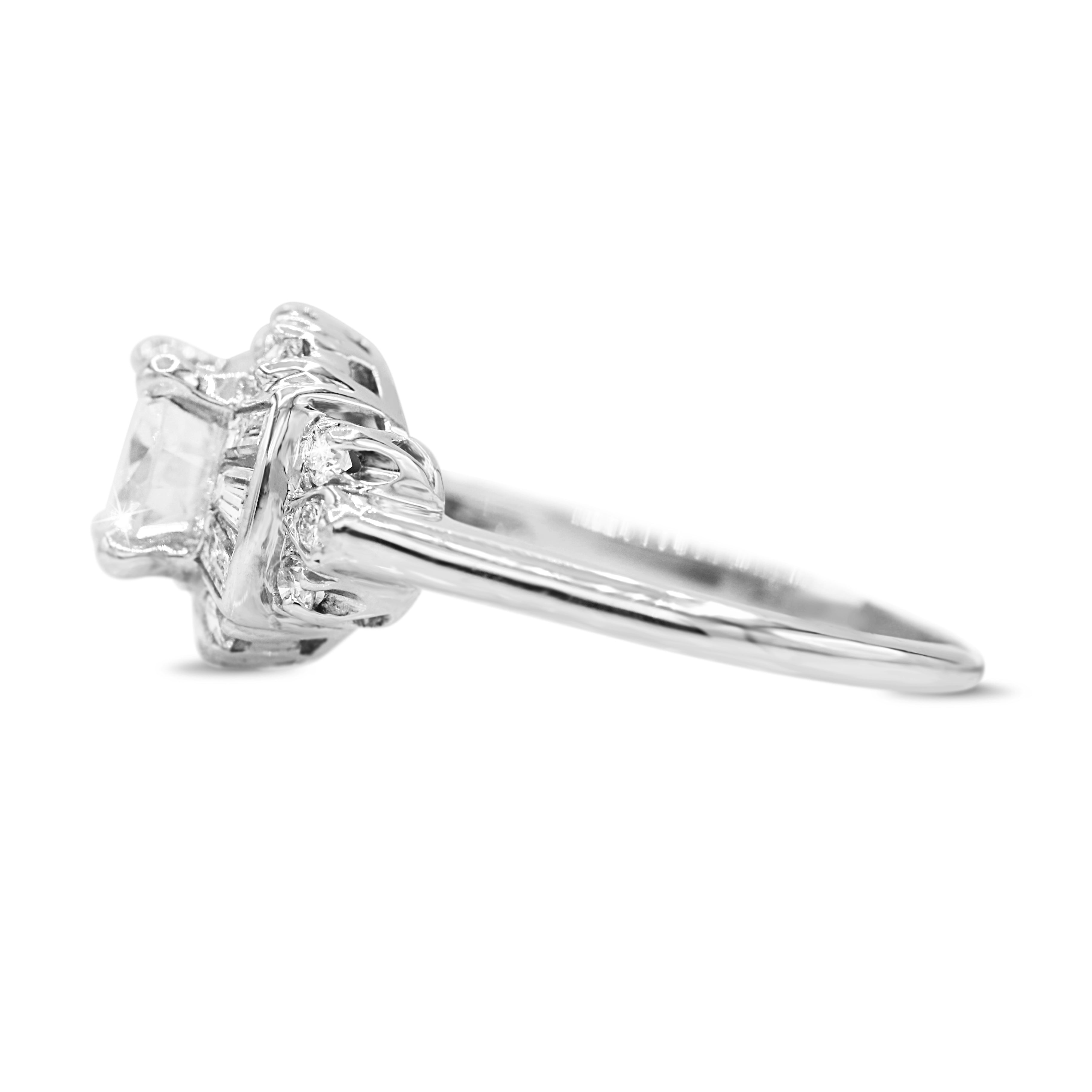 Vintage Inspired Diamond Ring with Baguette Accents in 14KT White Gold ( 0.97 center dia )