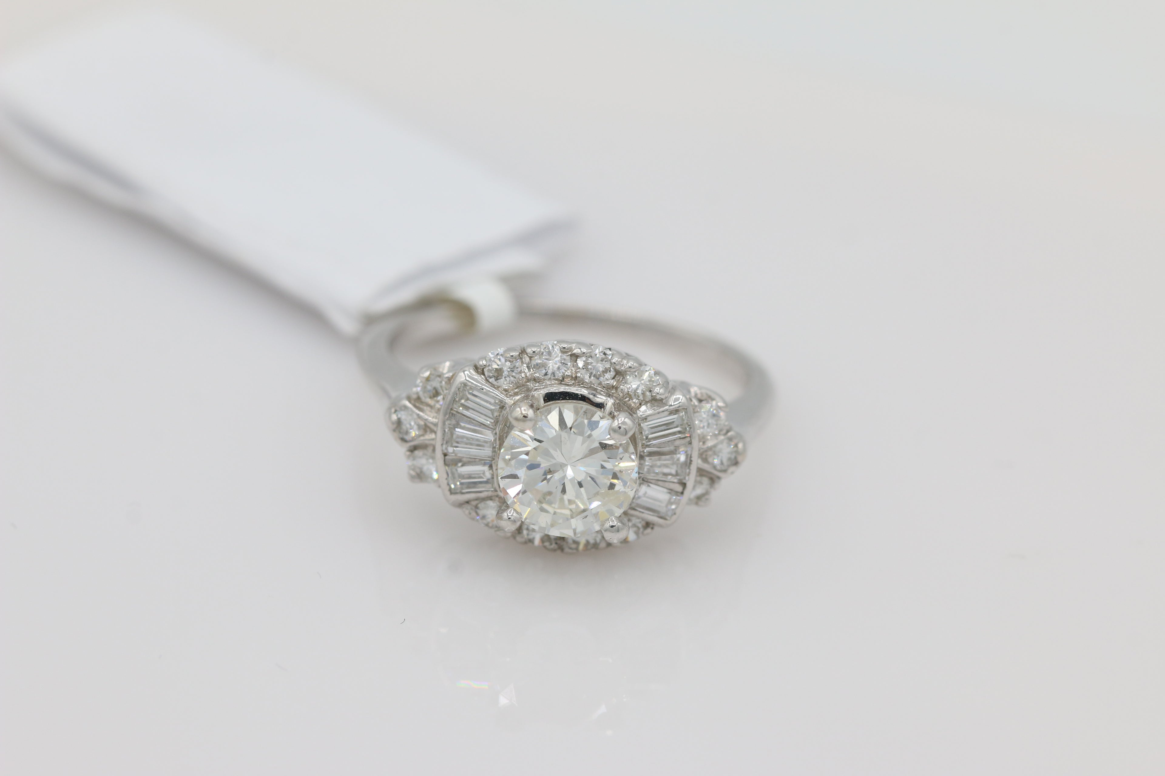Vintage Inspired Diamond Ring with Baguette Accents in 14KT White Gold ( 0.97 center dia )
