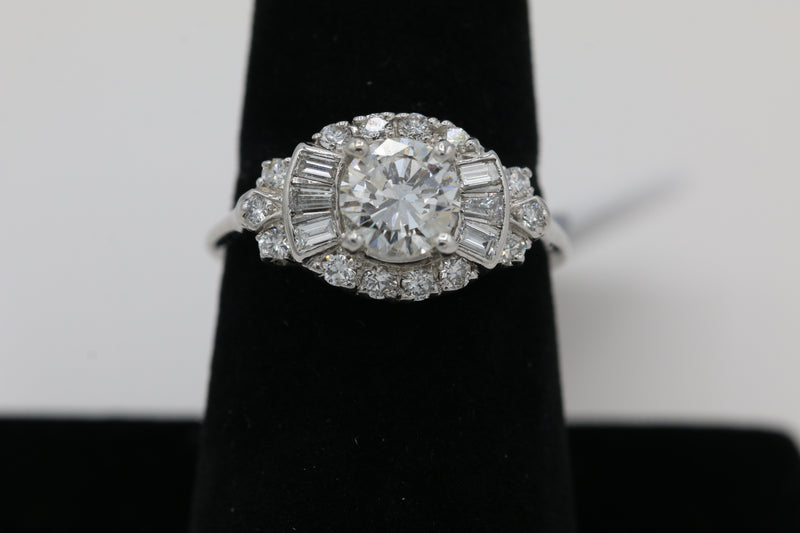 Vintage Inspired Diamond Ring with Baguette Accents in 14KT White Gold ( 0.97 center dia )