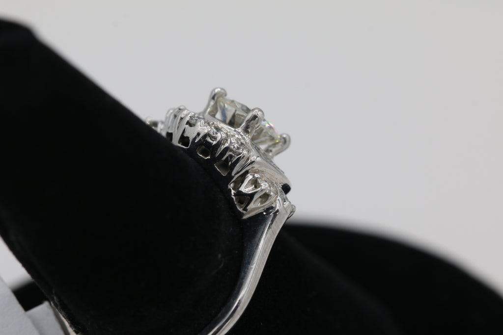 Vintage Inspired Diamond Ring with Baguette Accents in 14KT White Gold ( 0.97 center dia )