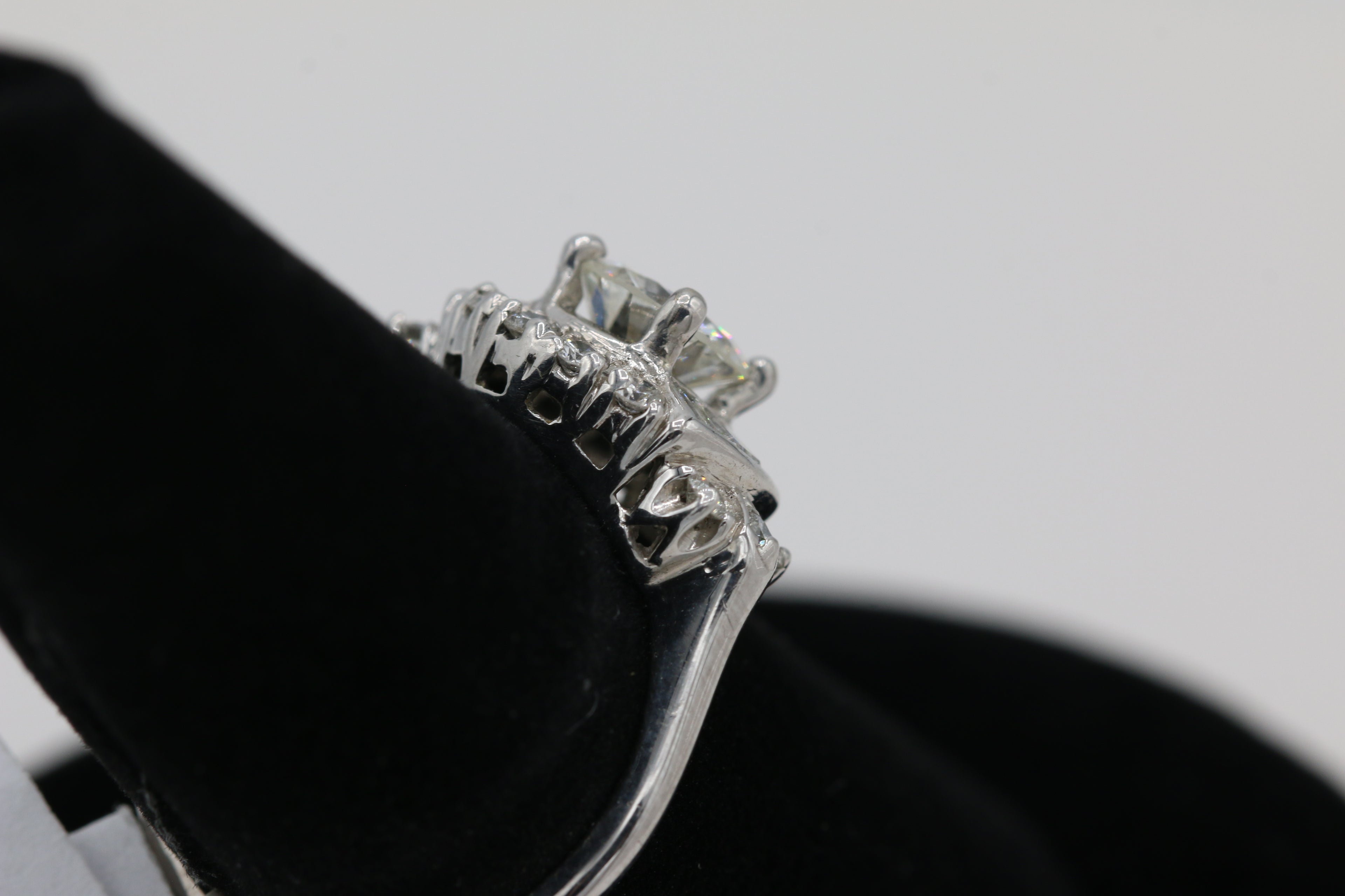 Vintage Inspired Diamond Ring with Baguette Accents in 14KT White Gold ( 0.97 center dia )