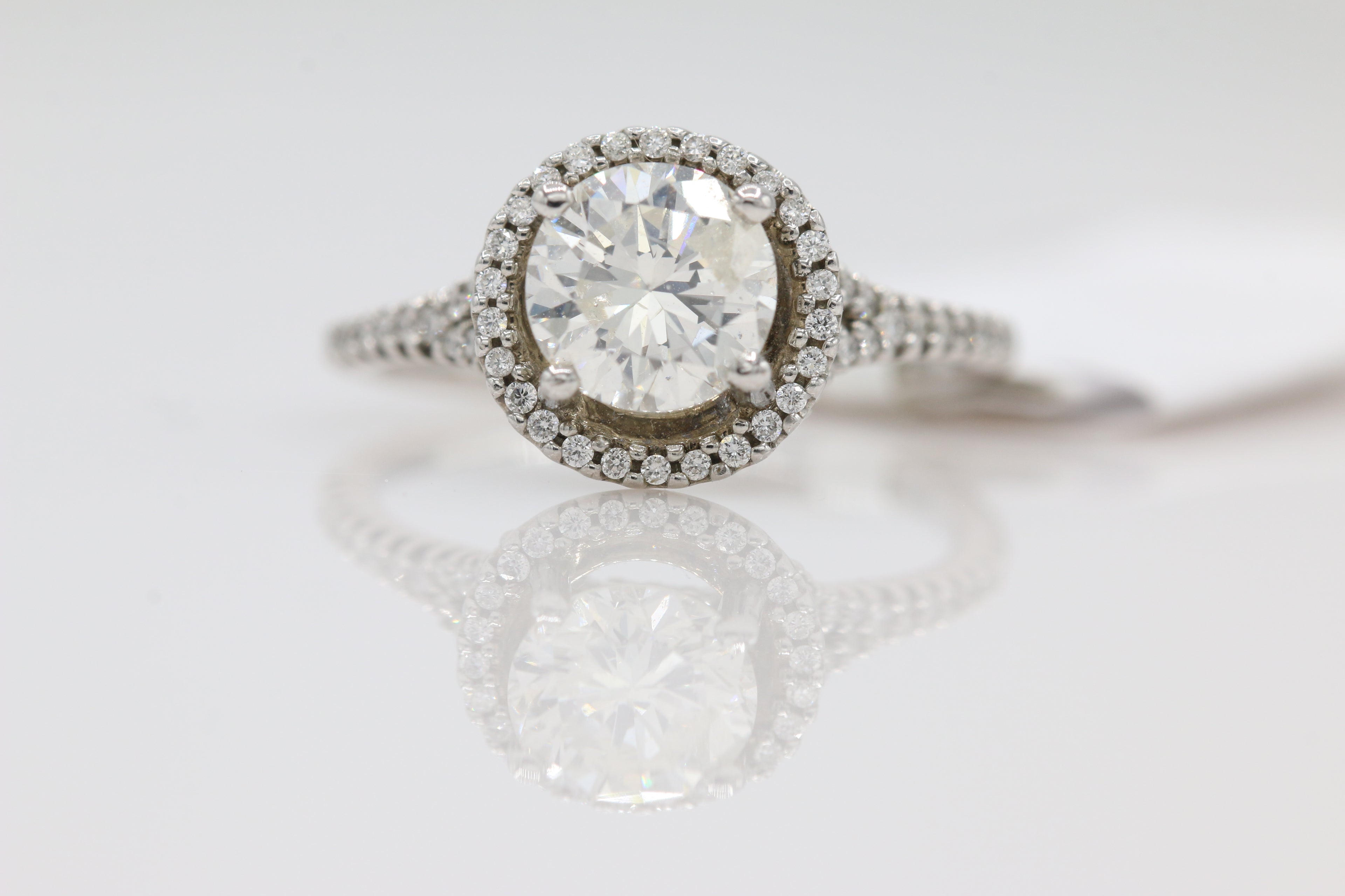 Diamond Halo Split Shank Ring in 18KT White Gold ( 1.51ct dtw / 1.27ct center )