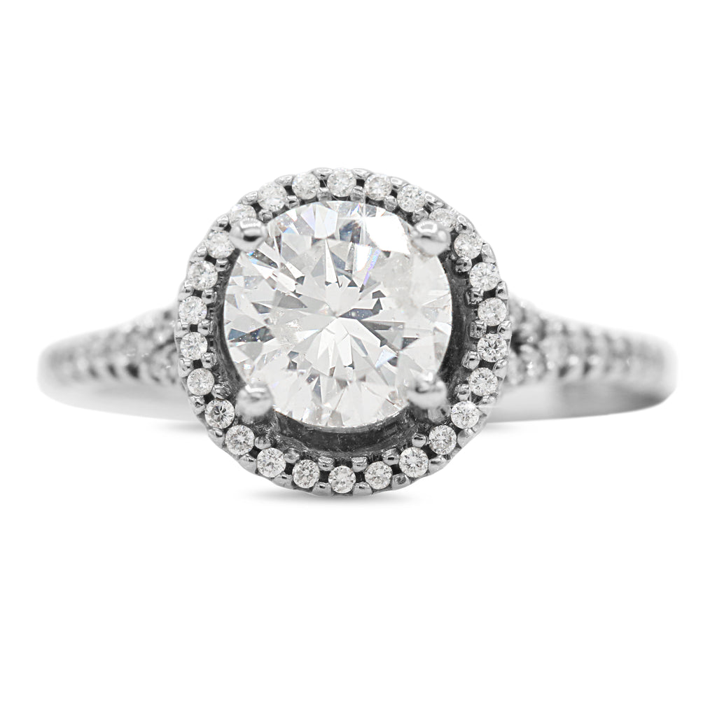 Diamond Halo Split Shank Ring in 18KT White Gold ( 1.51ct dtw / 1.27ct center )