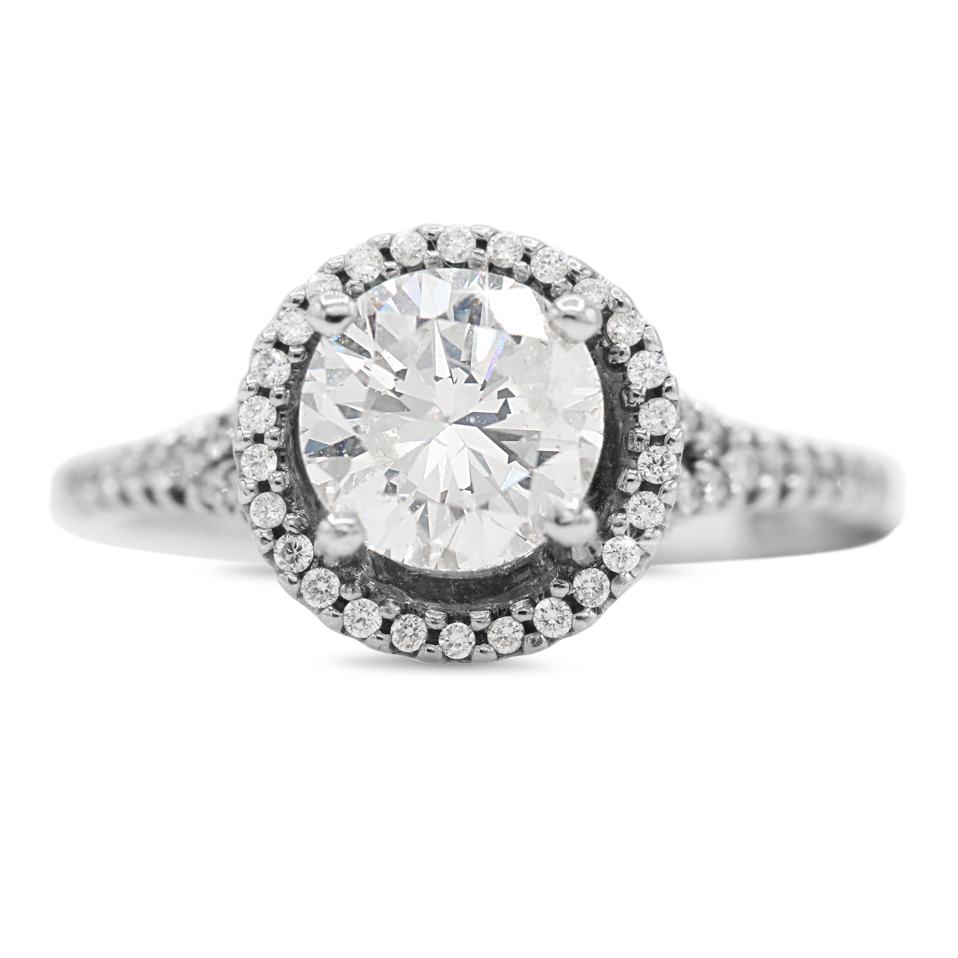 Diamond Halo Split Shank Ring in 18KT White Gold ( 1.51ct dtw / 1.27ct center )