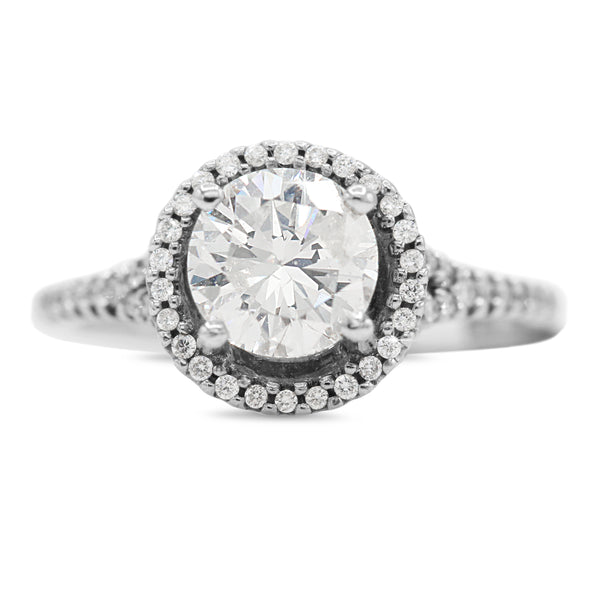 Diamond Halo Split Shank Ring in 18KT White Gold ( 1.51ct dtw / 1.27ct center )
