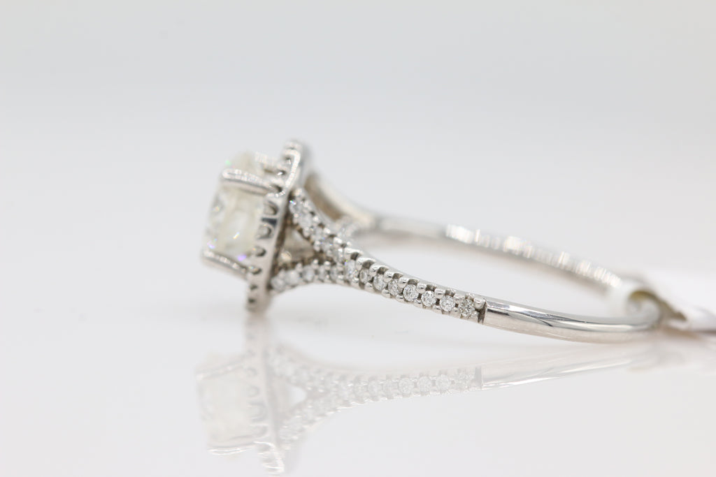 Diamond Halo Split Shank Ring in 18KT White Gold ( 1.51ct dtw / 1.27ct center )
