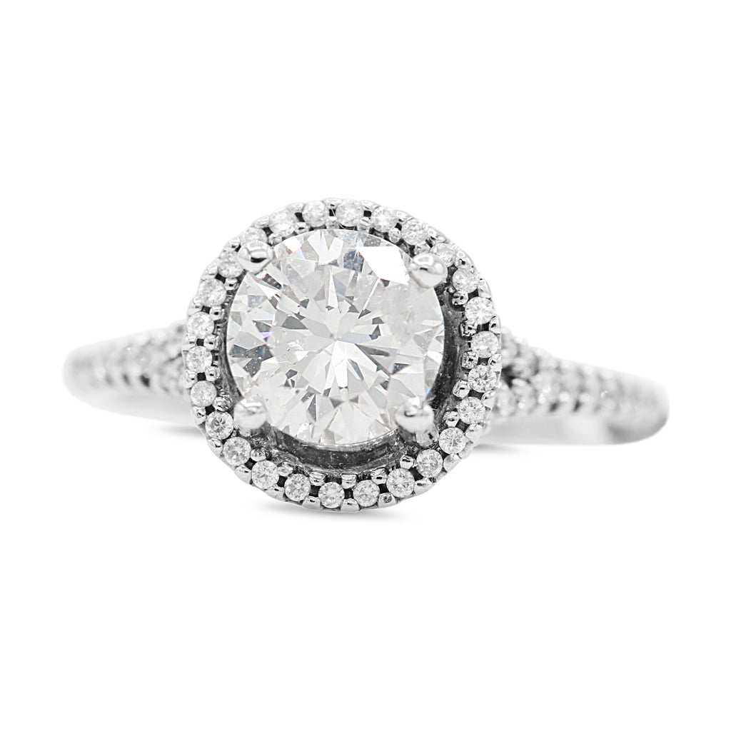 Diamond Halo Split Shank Ring in 18KT White Gold ( 1.51ct dtw / 1.27ct center )