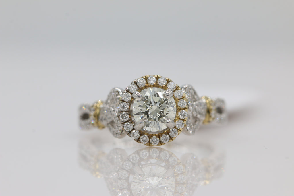 Diamond Halo Decorative Shank Ring in 14KT White and Yellow Gold ( 1.19ct dtw / 0.73ct center )