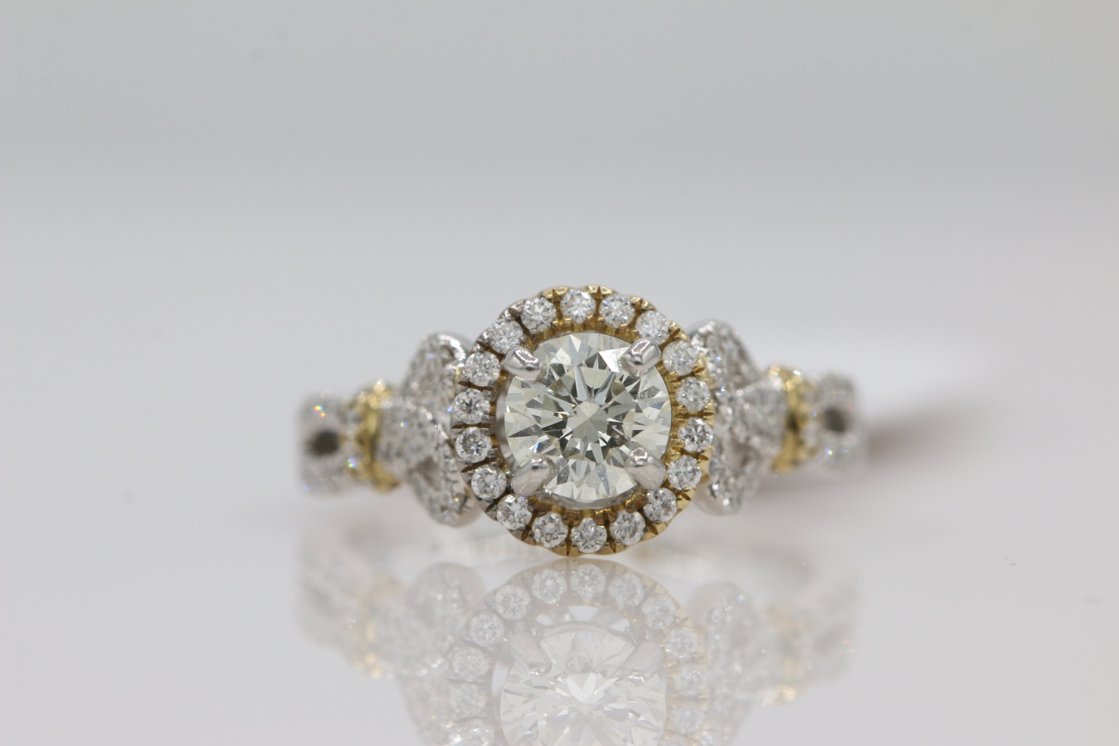 Diamond Halo Decorative Shank Ring in 14KT White and Yellow Gold ( 1.19ct dtw / 0.73ct center )