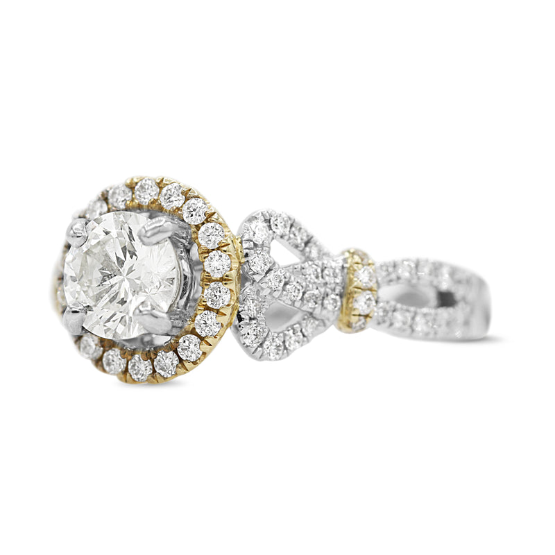 Diamond Halo Decorative Shank Ring in 14KT White and Yellow Gold ( 1.19ct dtw / 0.73ct center )