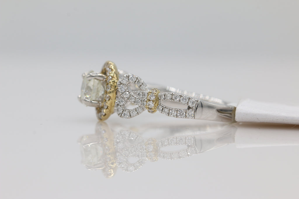 Diamond Halo Decorative Shank Ring in 14KT White and Yellow Gold ( 1.19ct dtw / 0.73ct center )