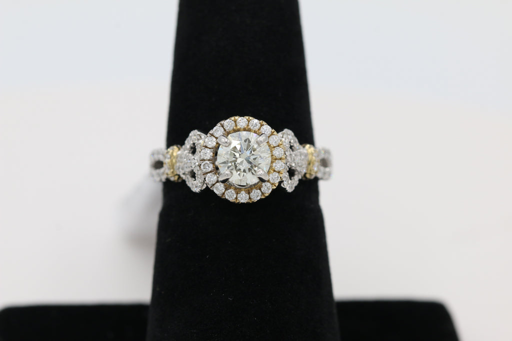 Diamond Halo Decorative Shank Ring in 14KT White and Yellow Gold ( 1.19ct dtw / 0.73ct center )