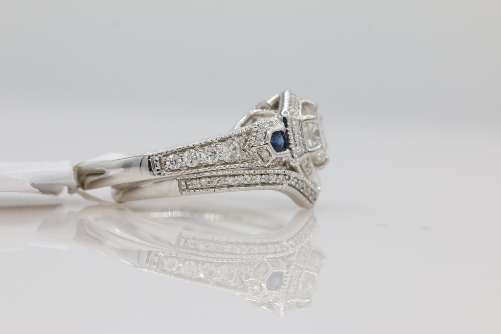 Hexagon Halo Diamond and Sapphire Ring in 14KT White Gold ( 0.42ct dtw / 0.81ct SAP )