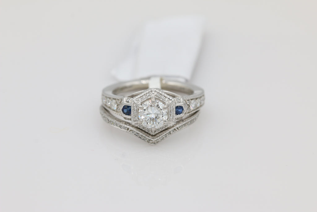 Hexagon Halo Diamond and Sapphire Ring in 14KT White Gold ( 0.42ct dtw / 0.81ct SAP )