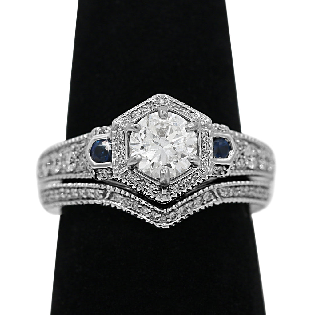 Hexagon Halo Diamond and Sapphire Ring in 14KT White Gold ( 0.42ct dtw / 0.81ct SAP )