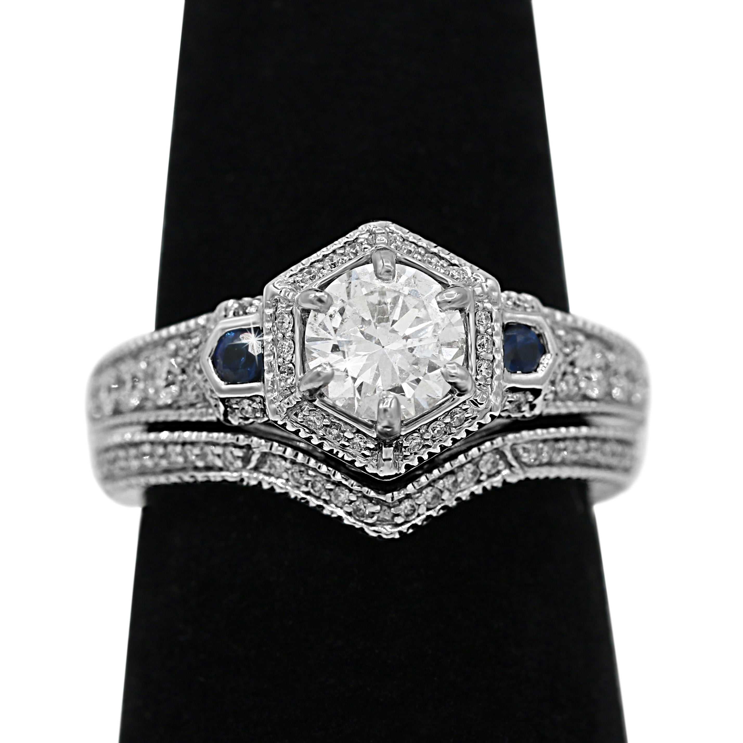 Hexagon Halo Diamond and Sapphire Ring in 14KT White Gold ( 0.42ct dtw / 0.81ct SAP )