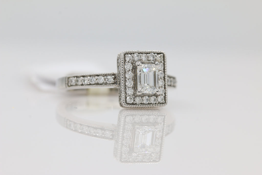 Emerald Cut Diamond Ring with Halo in 14KT White Gold ( 1ct tw dia )