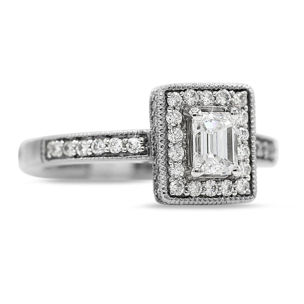 Emerald Cut Diamond Ring with Halo in 14KT White Gold ( 1ct tw dia )