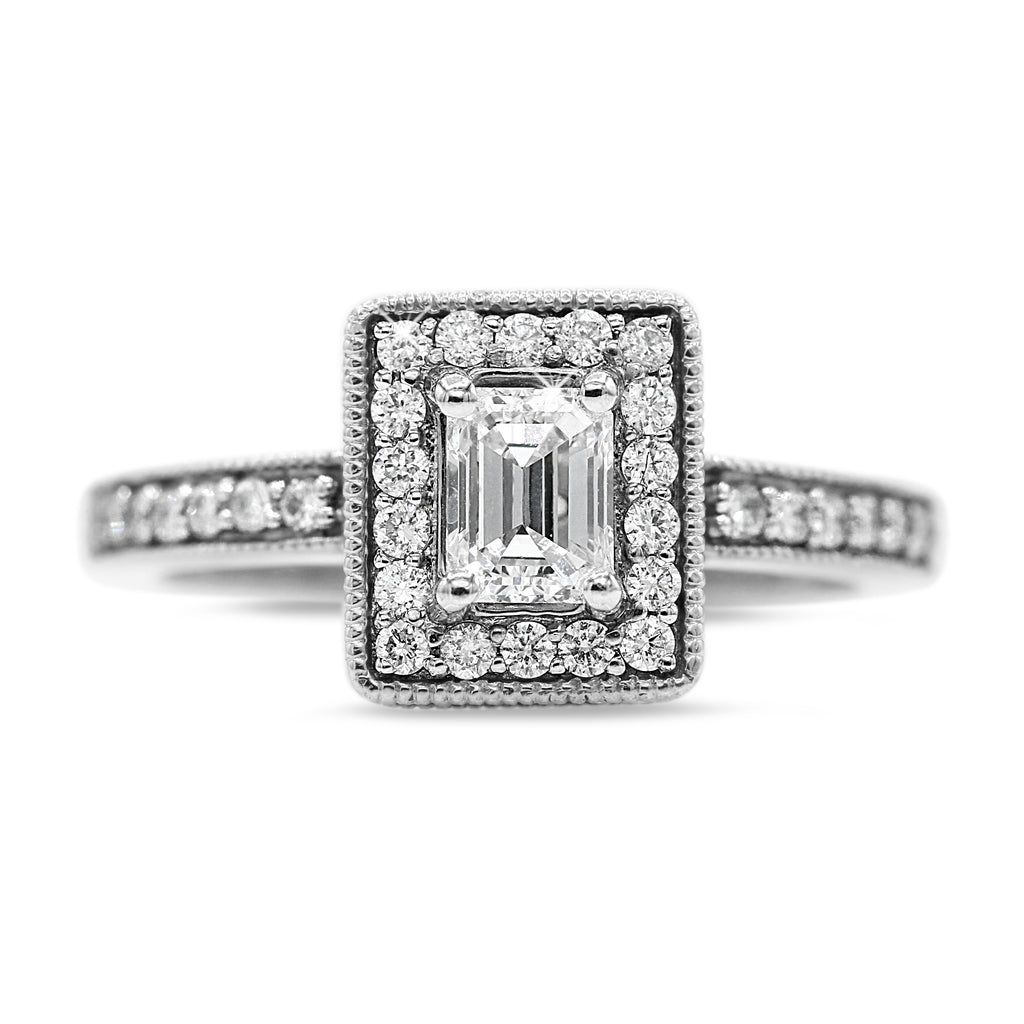 Emerald Cut Diamond Ring with Halo in 14KT White Gold ( 1ct tw dia )
