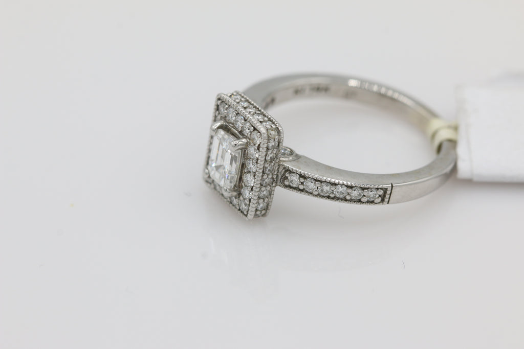 Emerald Cut Diamond Ring with Halo in 14KT White Gold ( 1ct tw dia )