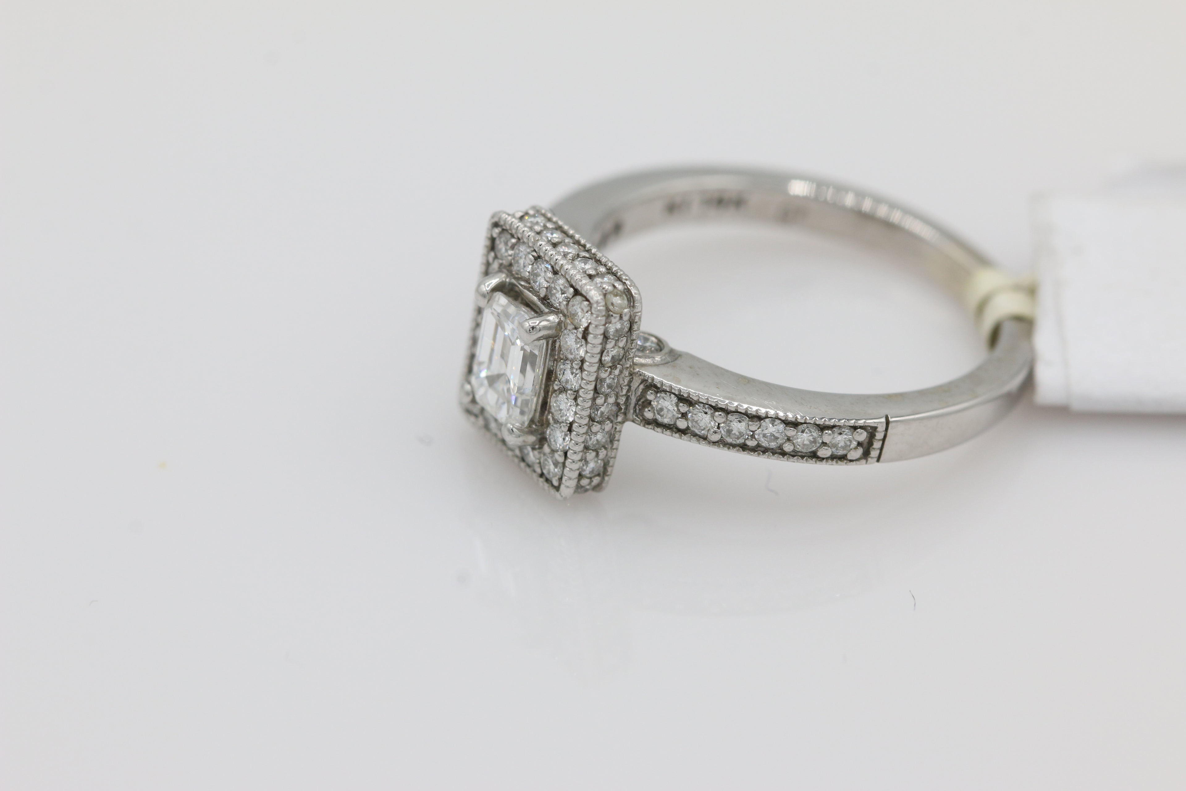 Emerald Cut Diamond Ring with Halo in 14KT White Gold ( 1ct tw dia )