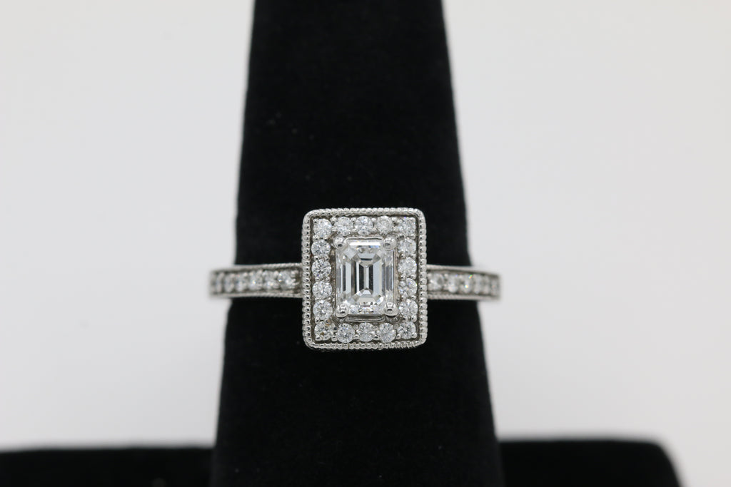 Emerald Cut Diamond Ring with Halo in 14KT White Gold ( 1ct tw dia )