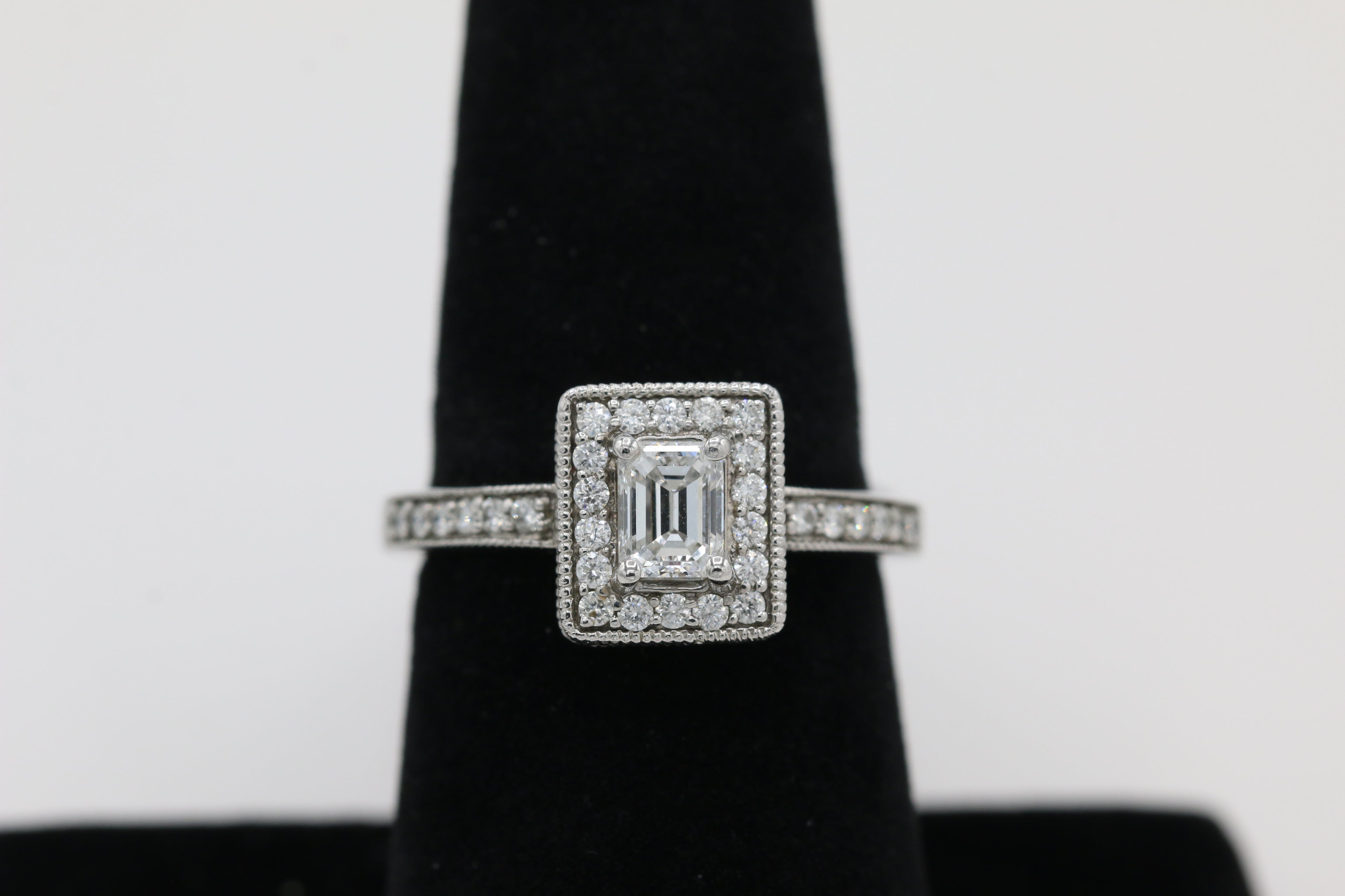 Emerald Cut Diamond Ring with Halo in 14KT White Gold ( 1ct tw dia )