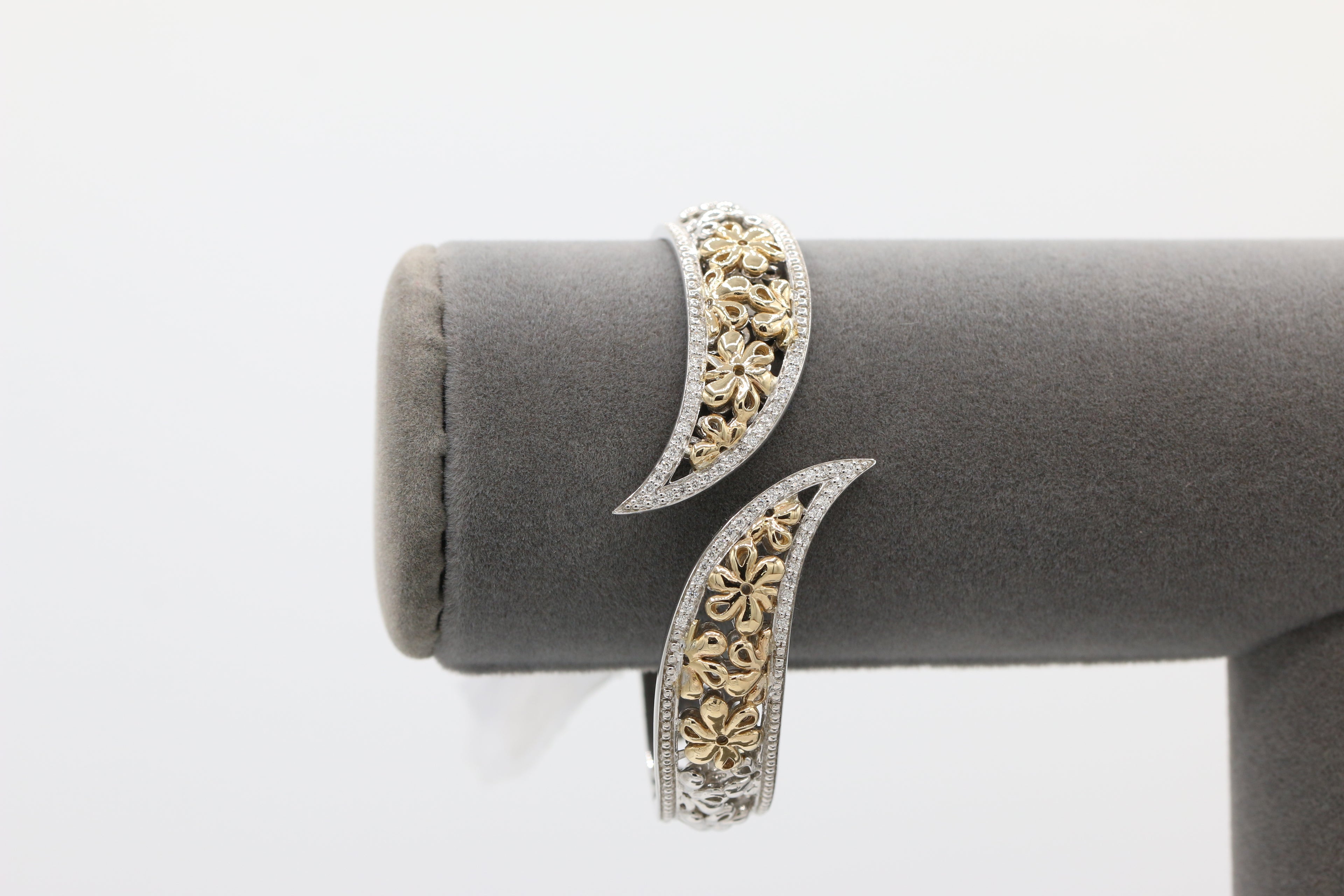 Two-Toned Floral Bypass Bracelet in 14KT Yellow Gold and Sterling Silver ( 0.32ct tw dia )